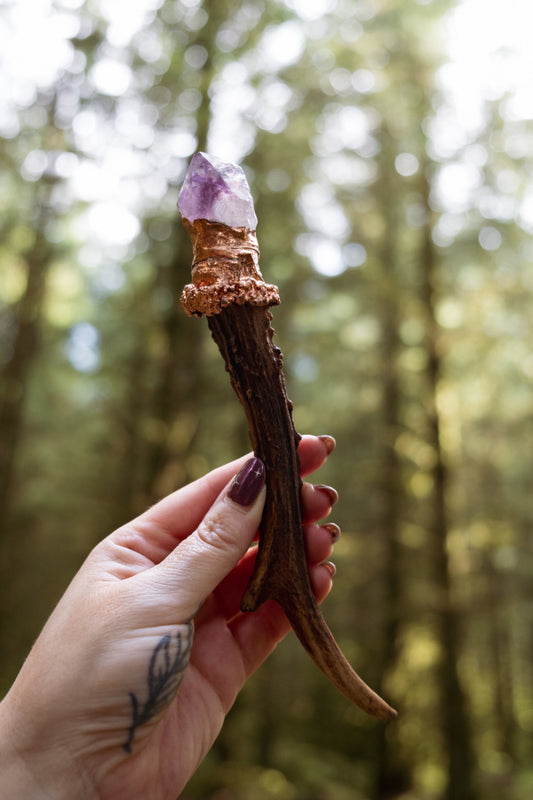 Amethyst Crystal Wand with Copper and Deer Antler, Handmade Ritual Tool, Gemstone Wand for Healing, Intuition, Protection and Crown Chakra