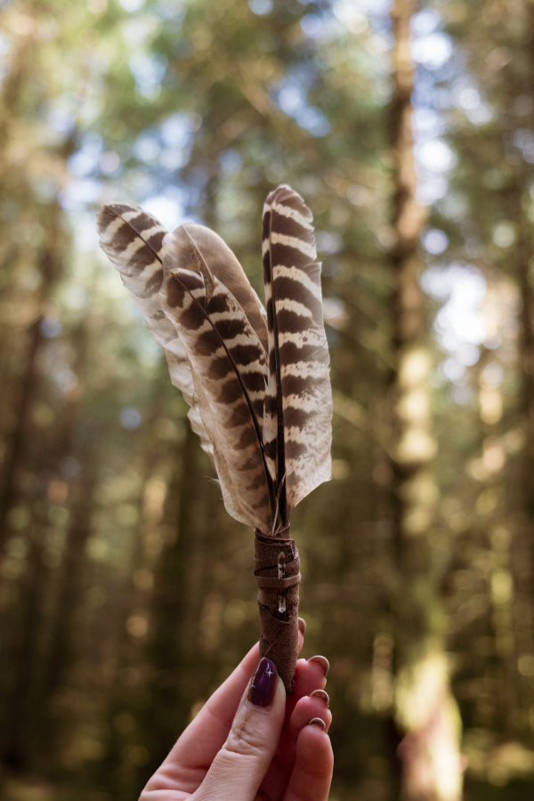 Energy Cleansing Fan with Crystal Quartz, Feathers from Dartmoor, Smudge Fan for Smoke Cleansing Rituals and Energy Shifting