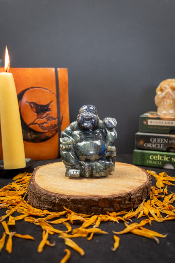 Labradorite Crystal Happy Buddha Hand Carved with Bright Blue Flash Gemstone Figurine