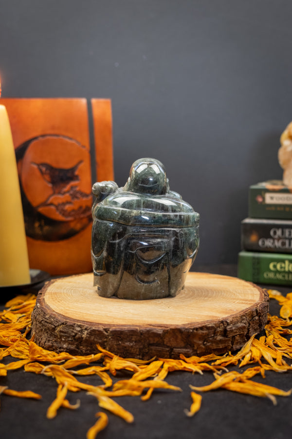 Labradorite Crystal Happy Buddha Hand Carved with Bright Blue Flash Gemstone Figurine