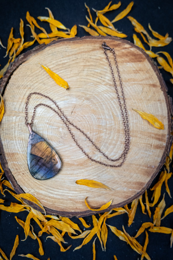 Sunrise Sunset Labradorite and Copper Pendant, Double Sided Flash Gemstone Necklace, Handcrafted Crystal Jewellery
