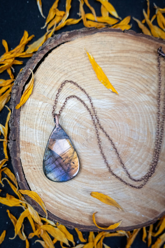 Sunrise Sunset Labradorite and Copper Pendant, Double Sided Flash Gemstone Necklace, Handcrafted Crystal Jewellery