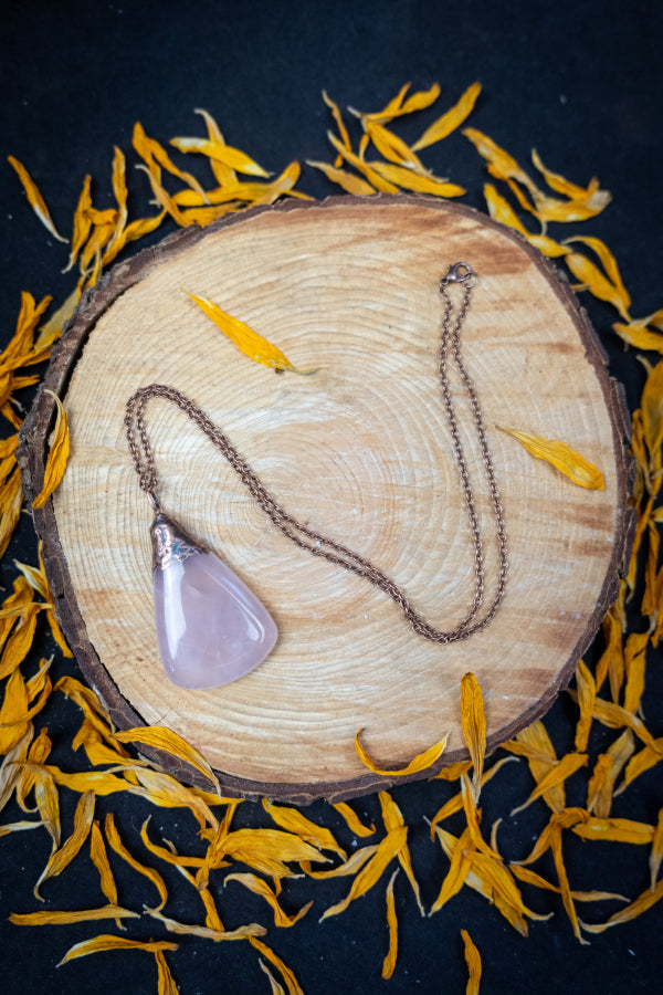 Rose Quartz Copper Pendant, Electroformed Crystal Necklace, Handmade UK Artisan Jewellery, Healing Copper & Gemstone Jewellery, Boho style.