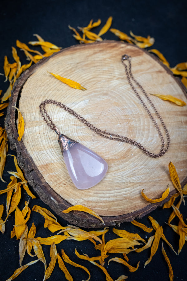 Rose Quartz Copper Pendant, Electroformed Crystal Necklace, Handmade UK Artisan Jewellery, Healing Copper & Gemstone Jewellery, Boho style.