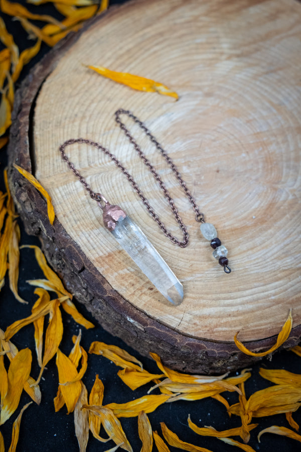 Clear Quartz Pendulum with Copper and Gemstone Beads, Handmade Divination Tool with Garnet Citrine and Quartz
