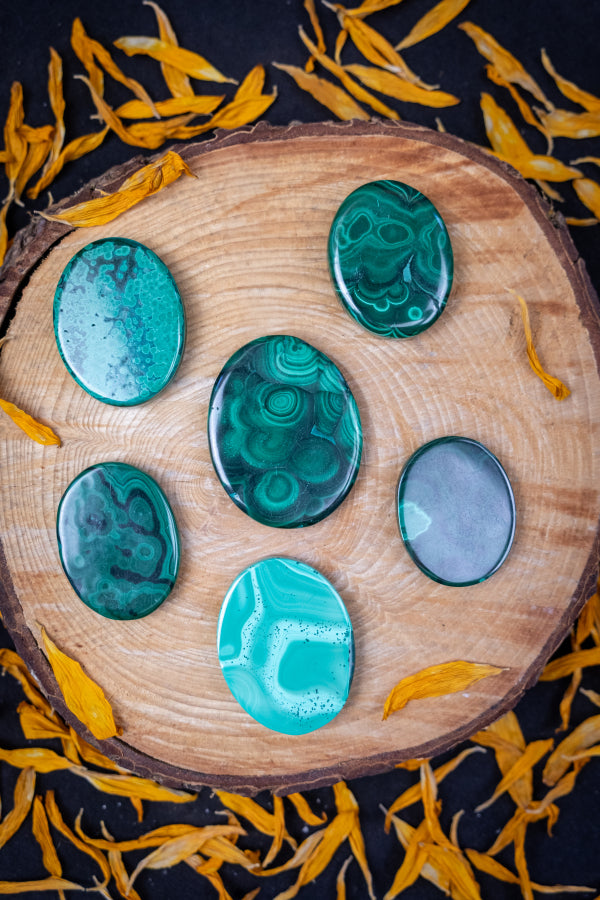 Malachite Oval Palm Stone, Polished Crystal Palm for Transformation and Protection, Ethically Sourced from the Congo