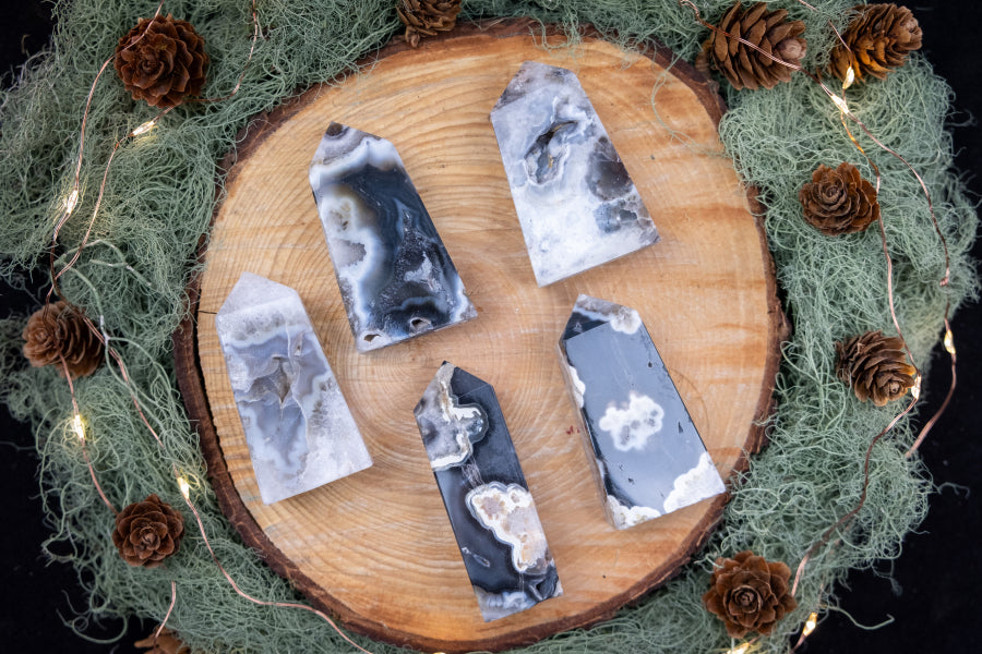 Black Flower Agate Tower Point, Natural Crystal Gemstone for Grounding, Protection, Growth and Transformation, Crystal Healing Stone