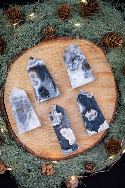 Black Flower Agate Tower Point, Natural Crystal Gemstone for Grounding, Protection, Growth and Transformation, Crystal Healing Stone