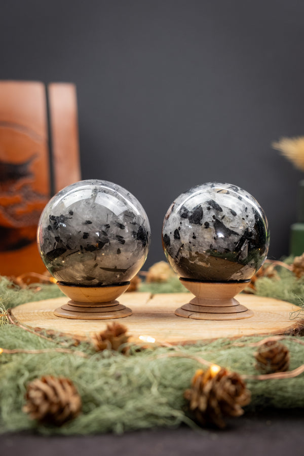 Black Tourmaline in Quartz Crystal Sphere, Protective Gemstone Ball for Energy Cleansing, Grounding & Clarity