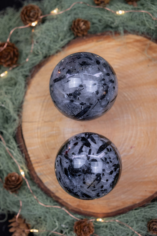 Black Tourmaline in Quartz Crystal Sphere, Protective Gemstone Ball for Energy Cleansing, Grounding & Clarity