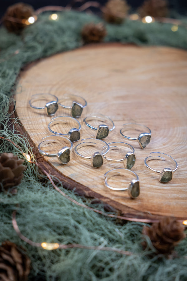 Moldavite Adjustable Ring Sterling Silver, Raw Crystal Gemstone Ring, Unique Healing Stone Jewellery UK