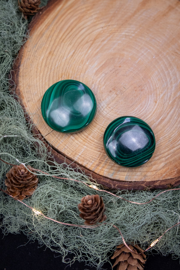 Malachite Round Disc Palm Stone for Protection, Transformation, and Deep Energy Healing Crystal Gem Stone