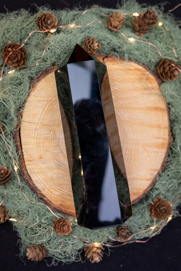Large Black Obsidian Point Crystal, Natural Obsidian Stone Tower for Energy Protection, Grounding & Aura Cleansing