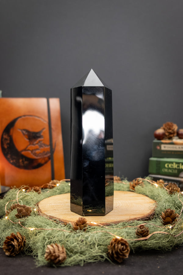 Large Black Obsidian Point Crystal, Natural Obsidian Stone Tower for Energy Protection, Grounding & Aura Cleansing