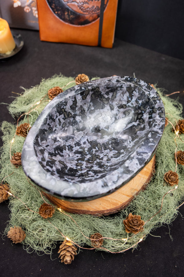 Mystic Merlinite Bowl, Indigo Gabbro Gemstone, Crystal Charging Bowl, Deep Transformation Stone, Intuition & Magic Crystal