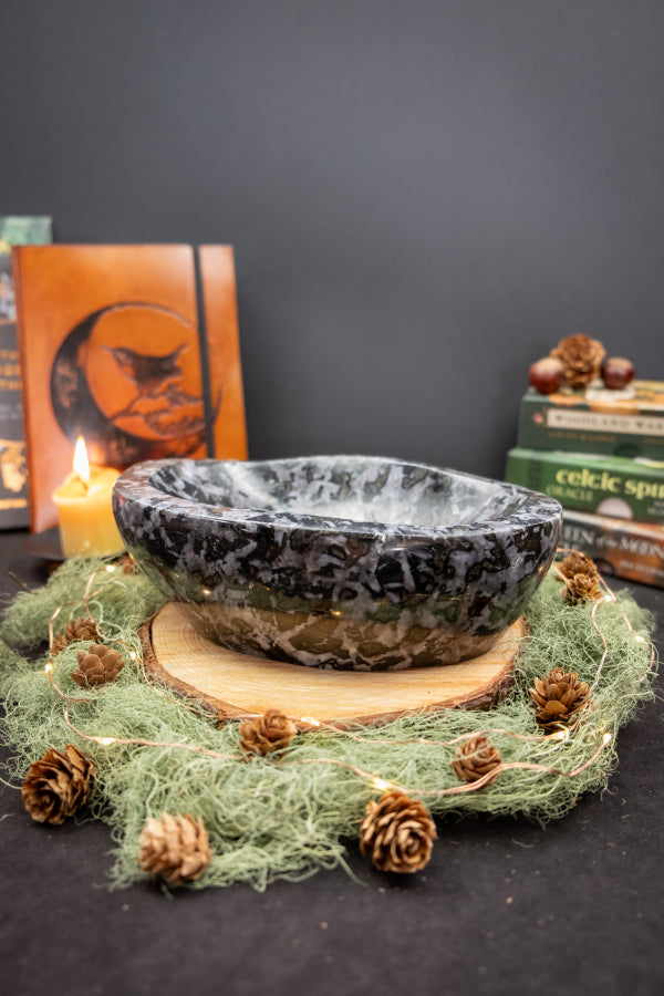 Mystic Merlinite Bowl, Indigo Gabbro Gemstone, Crystal Charging Bowl, Deep Transformation Stone, Intuition & Magic Crystal