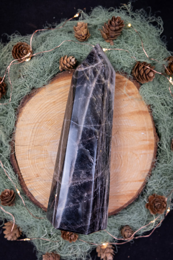 Black Moonstone Point Crystal, Gemstone Tower for New Beginnings, Intuition & Emotional Balance