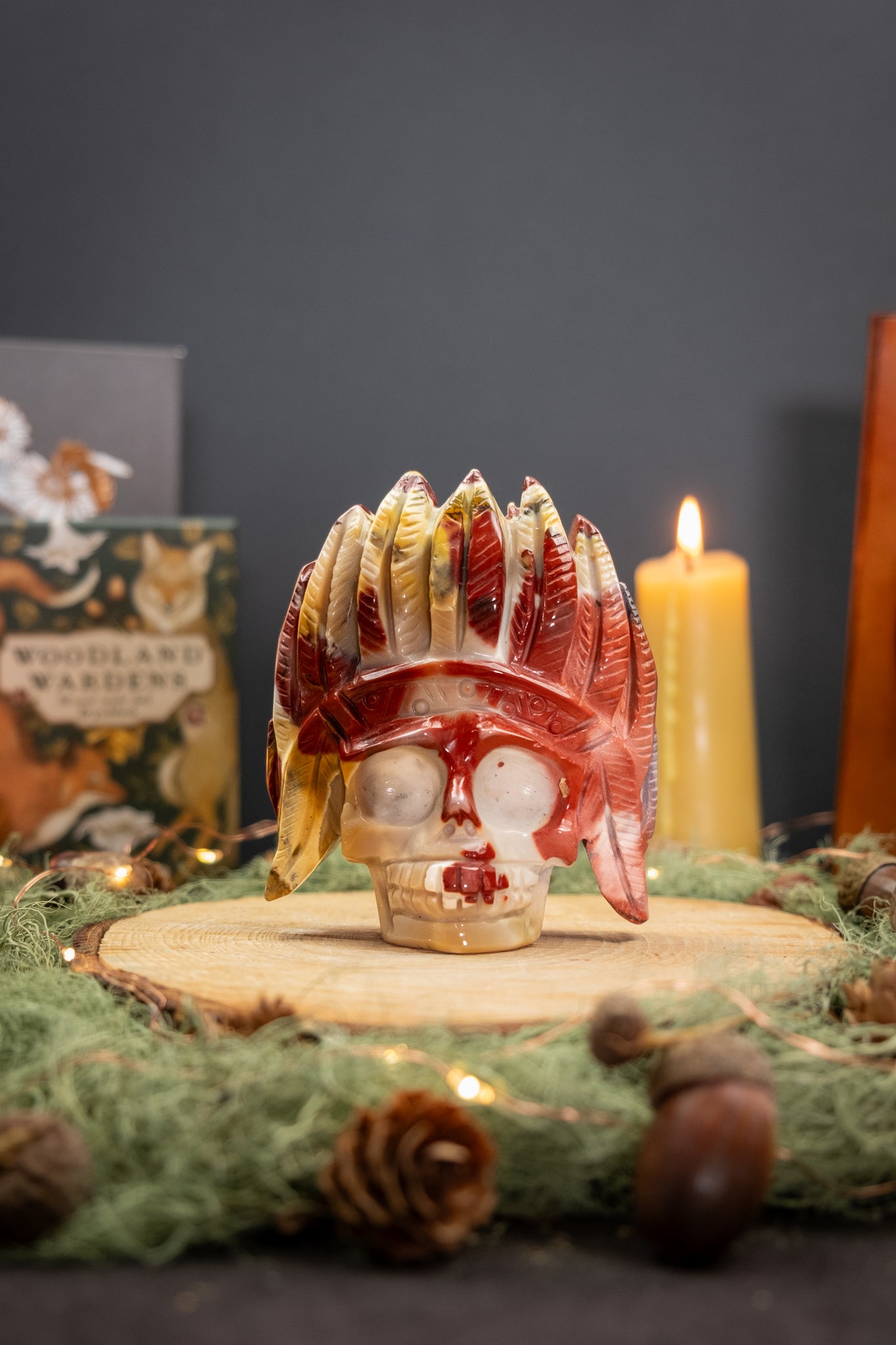 Mookaite Jasper Skull Carving, Tribal Feather Headdress Crystal Skull, Grounding Stone for Strength, Courage and Transformation