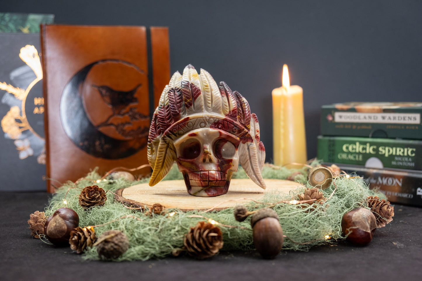 Mookaite Jasper Skull Carving, Tribal Feather Headdress Crystal Skull, Grounding Stone for Strength, Courage and Transformation