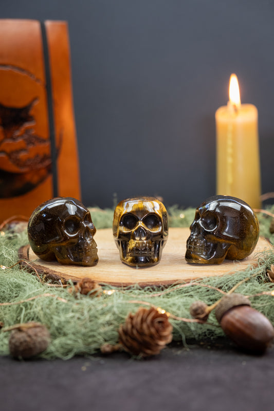 Tigers Eye Crystal Skull, Protection Stone for Strength Courage and Grounded Confidence
