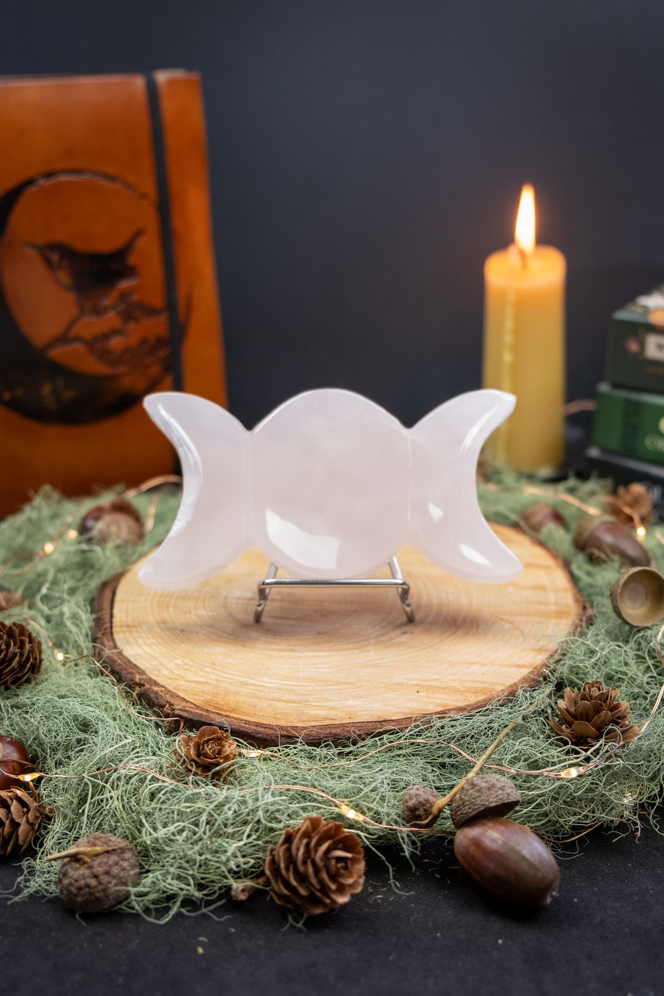 Pink Calcite Triple Moon Bowl, Hand Carved Crystal Dish for Love, Healing Energy, Calming Heart Stone, Goddess Altar Gem