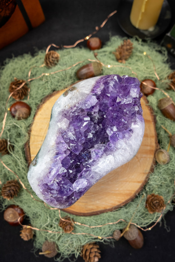 Freestanding Amethyst Crystal, Quartz and Moss Agate Stone, Deep Violet Gem, Polished from Brazil