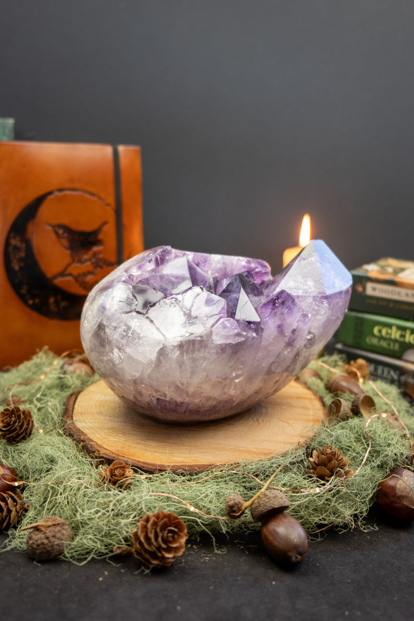 Deep Violet Amethyst Crystal Bed, Chunky Gemstone Formation, Polished Sides, Natural Actinolite Inclusions, Healing Stone from Brazil