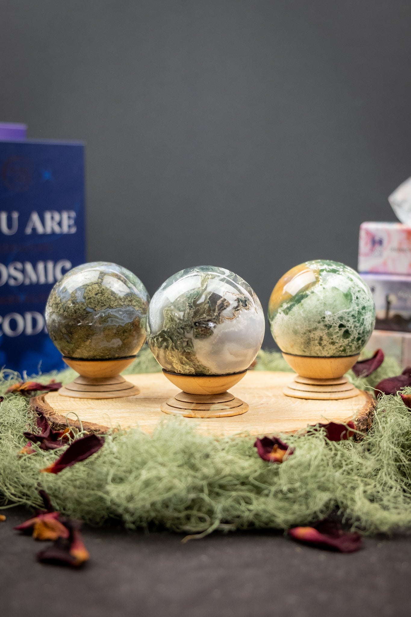 Moss Agate Sphere, Natural Green Moss Stone, Grounding, Stability, Abundance, Heart Healing Crystal