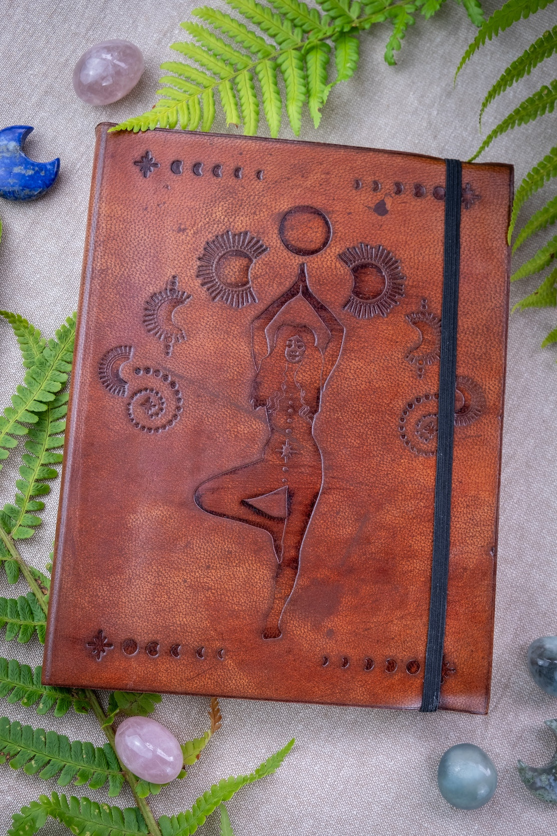 Leather, vegetable tanned, handmade, cosmic goddess journal.