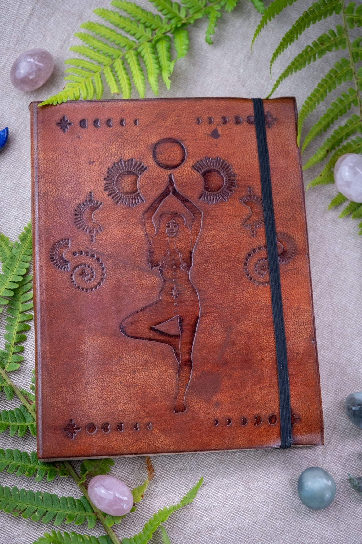 Leather, vegetable tanned, handmade, cosmic goddess journal.