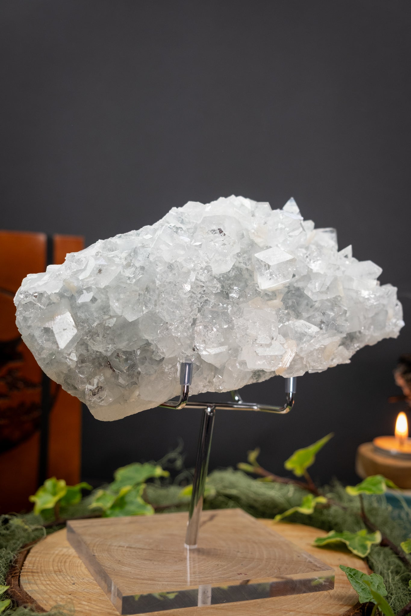 Stunning Apophyllite Crystal Cluster with Rainbows and Peach Stilbite, High Grade Clear Stone for Calm Clarity Meditation Energy Healing Decor