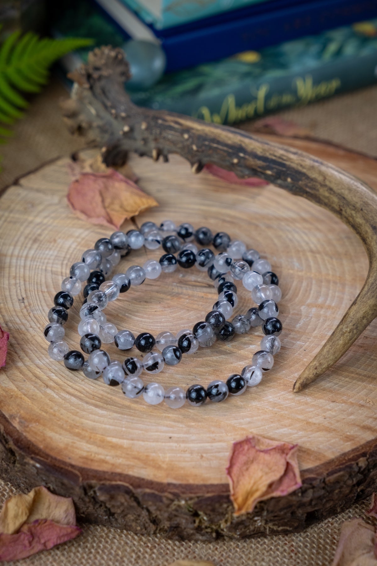 Tourmaline Quartz Rutilated crystal bracelet, 6mm bead.
