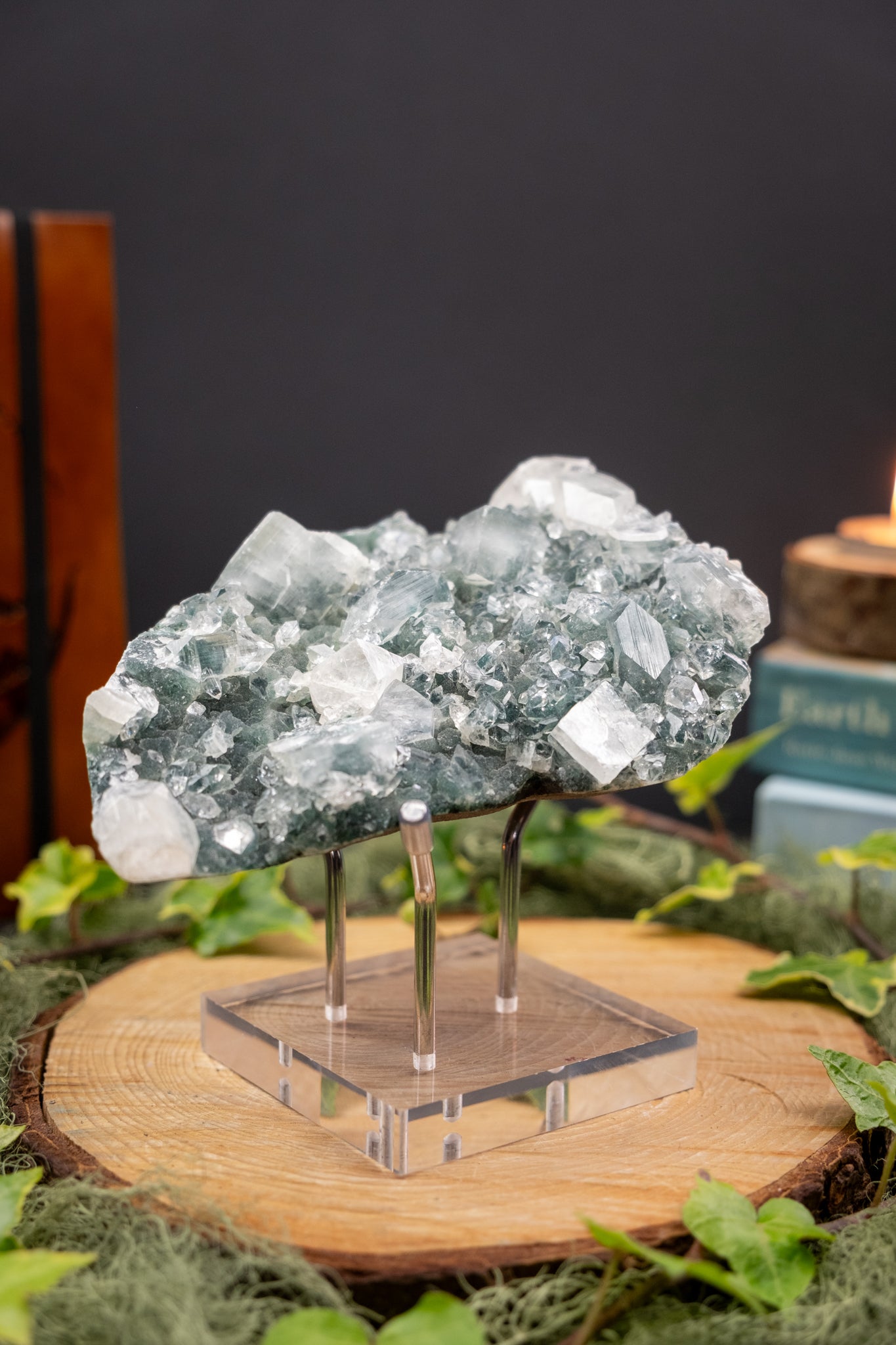 Apophyllite and Chalcedony Crystal Cluster, Rare Teal Green Gemstone, Sparkling Natural Crystal, High Vibration Stone for Calm Clarity and Healing