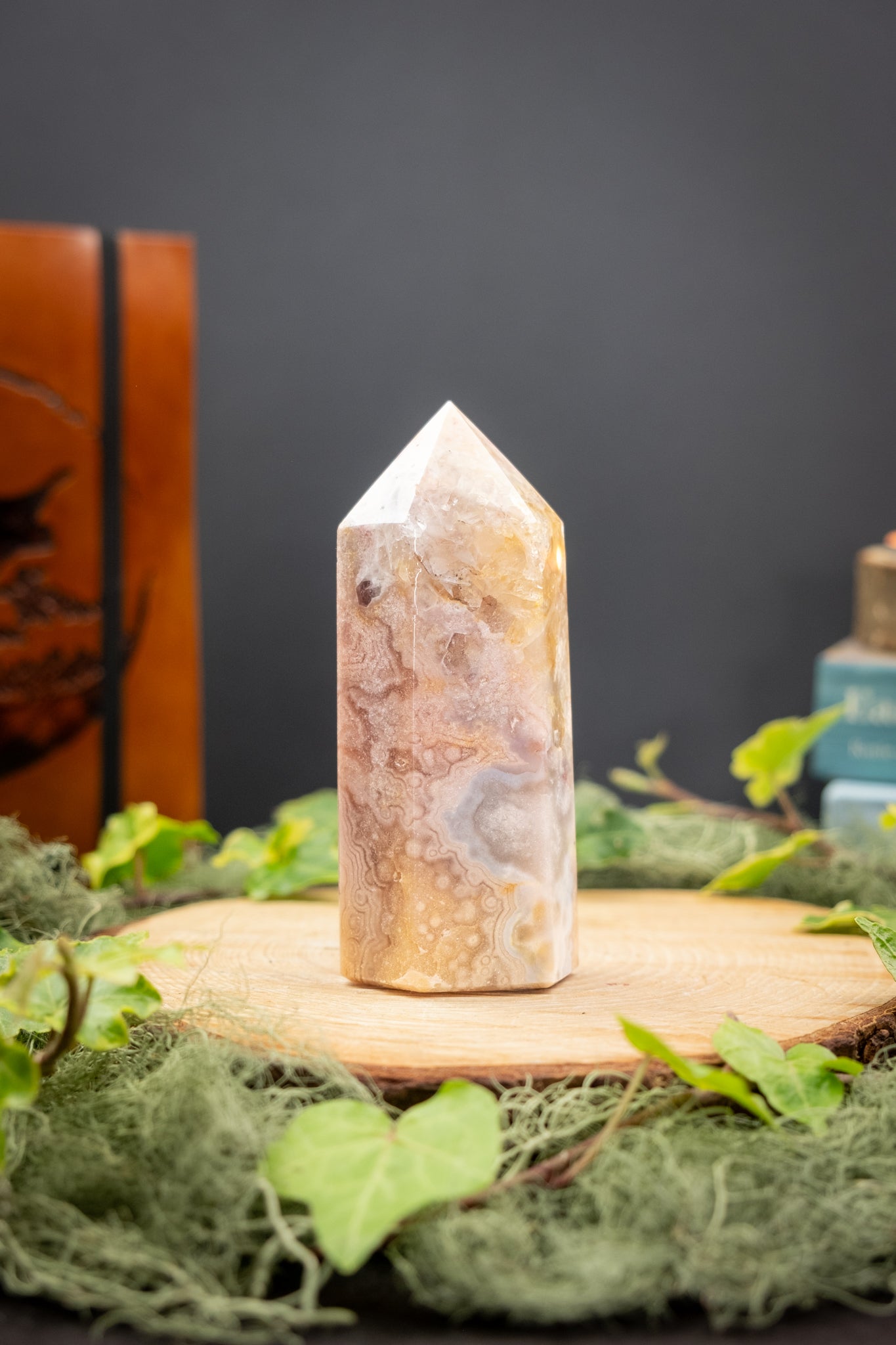 Pink Amethyst with Moss Agate Point Crystal Gem Tower Healing Stone for Calming Energy Heart Healing Nature Connection