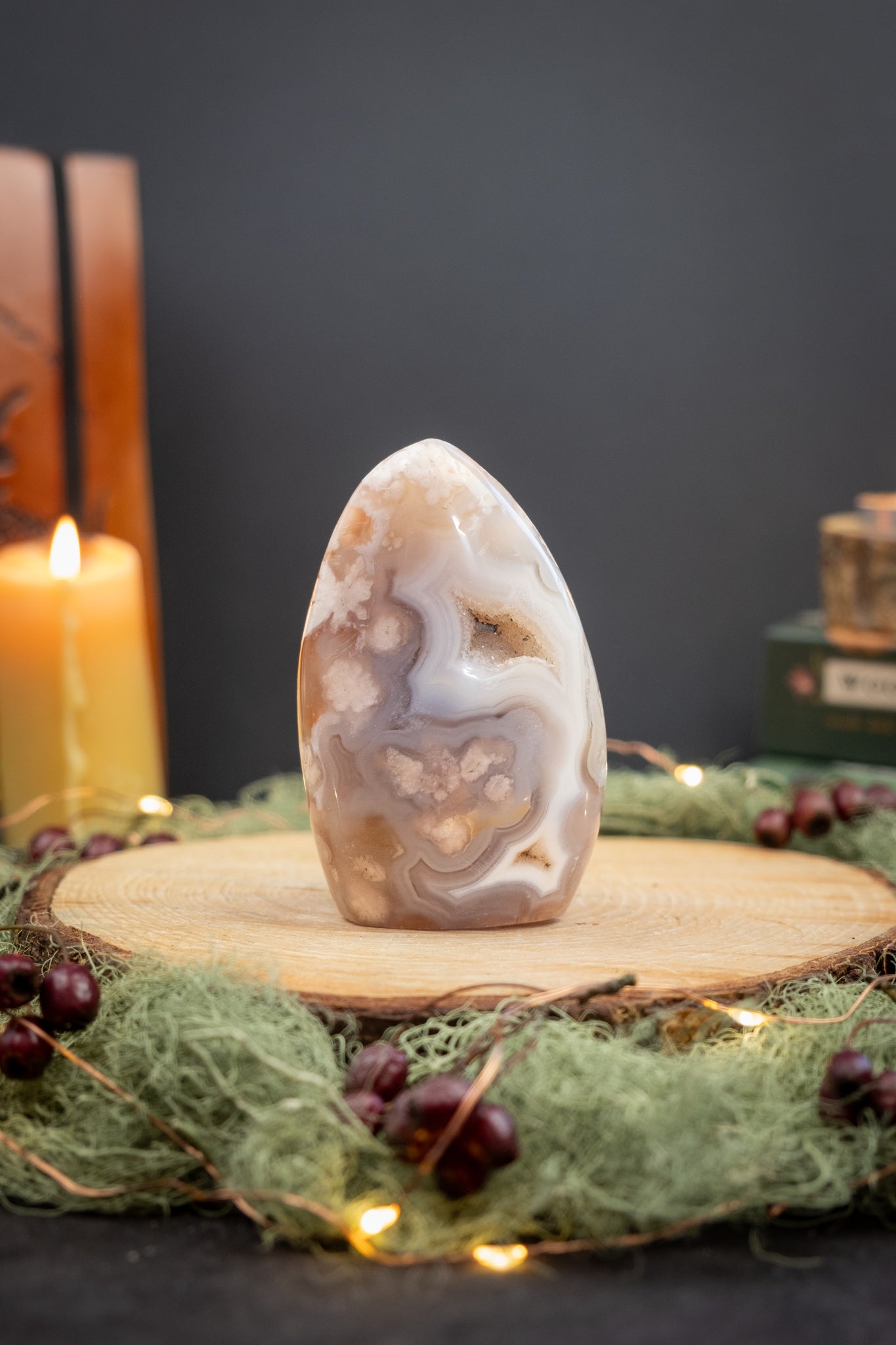 Flower Agate Freeform Crystal Stone, Polished Madagascan Agate with Natural Drusy Caves, Grounded Growth and Gentle Expansion