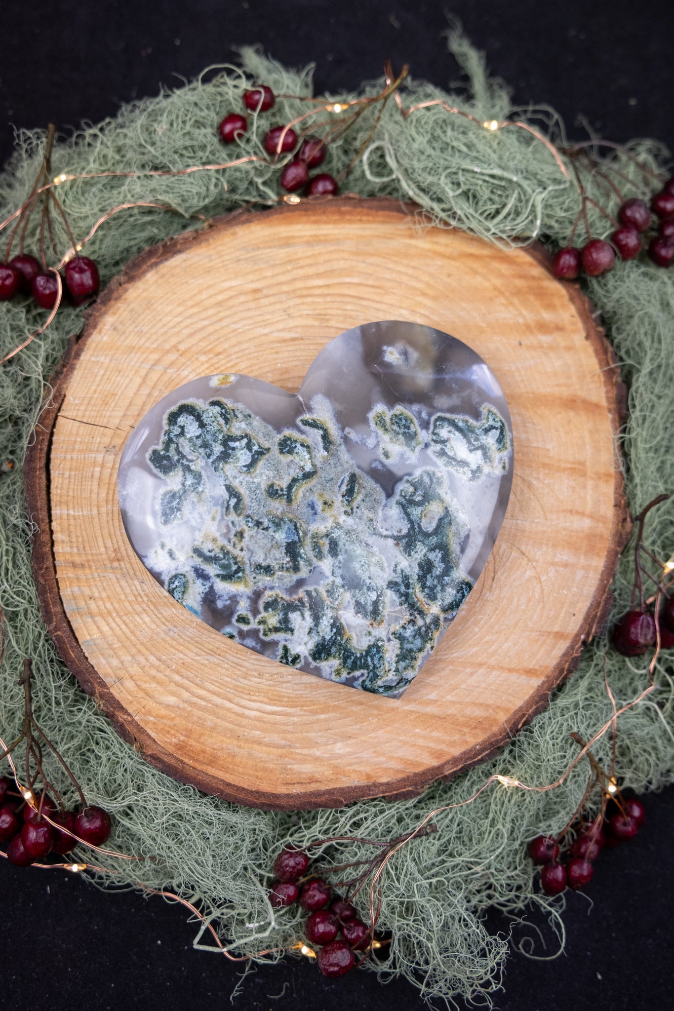 Moss Agate Heart on Stand, Polished Crystal Heart for Grounding and Growth, Ethically Sourced from Indonesia