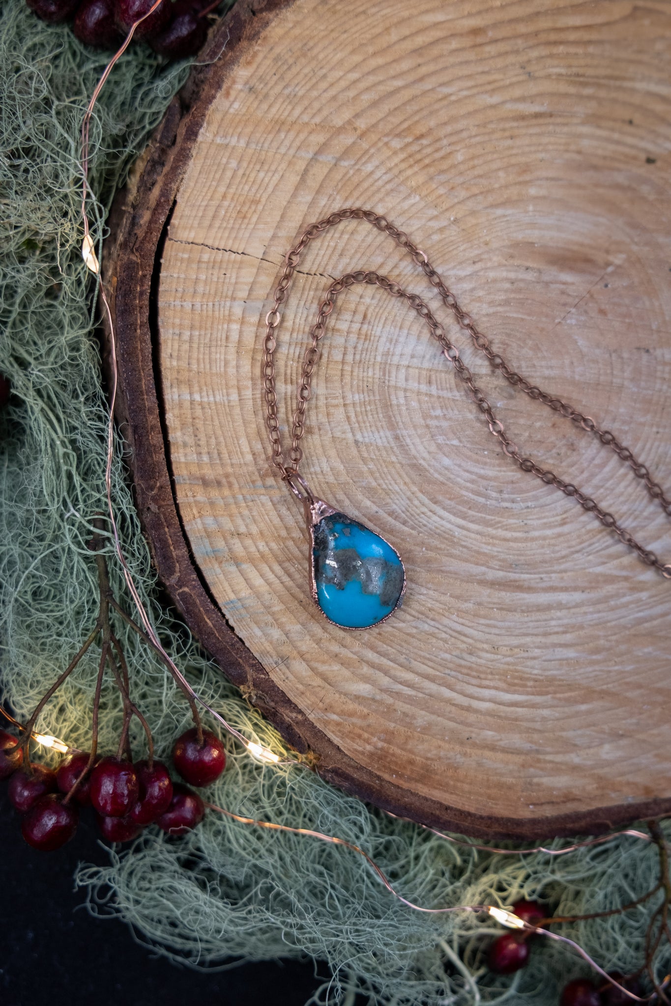 Turquoise Copper Pendant Necklace, Teardrop Crystal Stone for Protection and Truth, Ethically Sourced
