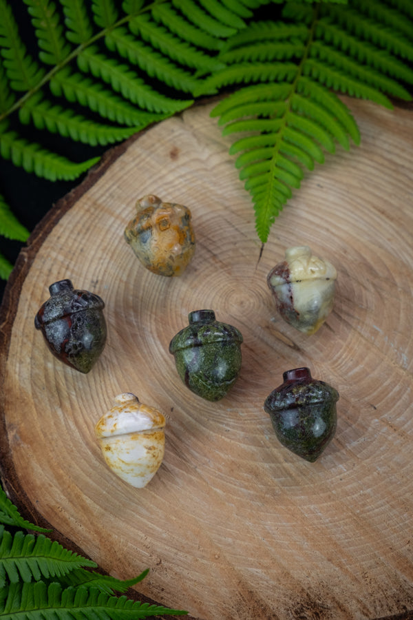 Crystal acorns in Green Aventurine, Crazy Lace Agate, Unakite, Obsidian, Red Jasper, Crystals for rebirth, Crystal for strength. From tiny acorns.