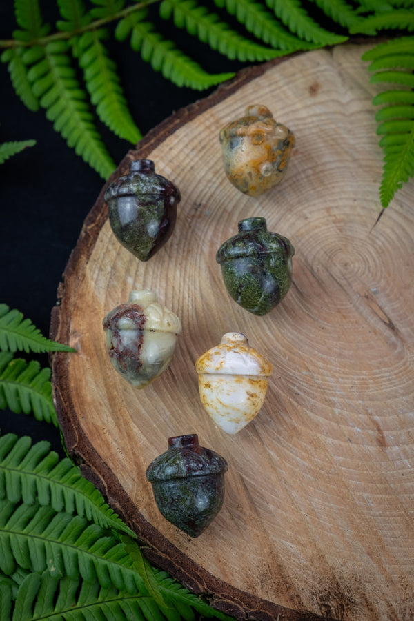 Crystal acorns in Green Aventurine, Crazy Lace Agate, Unakite, Obsidian, Red Jasper, Crystals for rebirth, Crystal for strength. From tiny acorns.