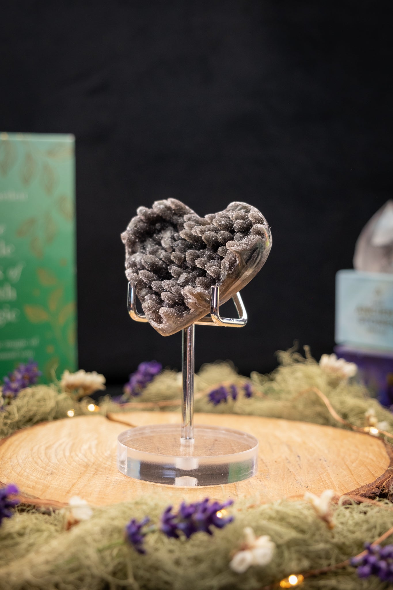 Black Drusy Amethyst Heart on Stand