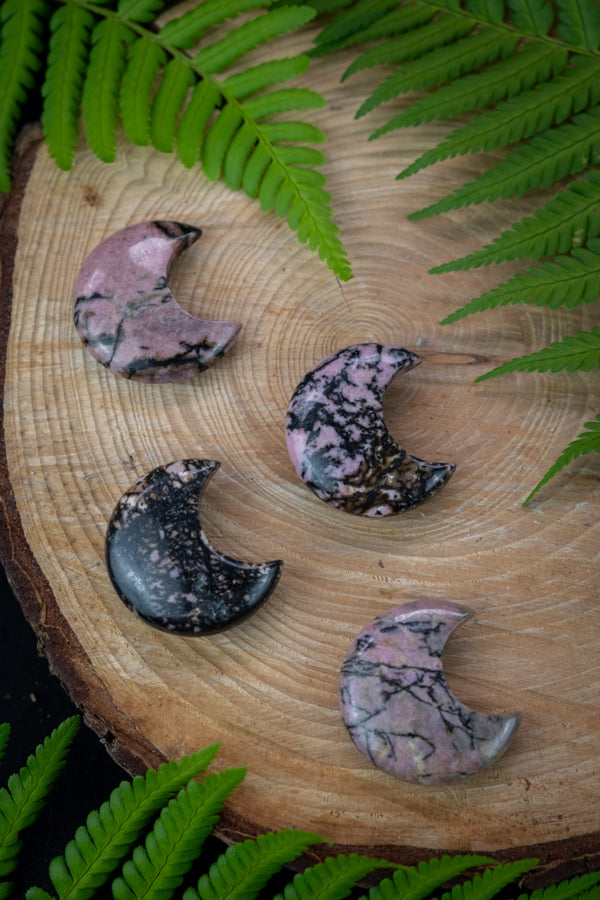 Rhodonite Crystal Moons, Crystal for healing, stress, emotional healing. Heart chakra crystal.