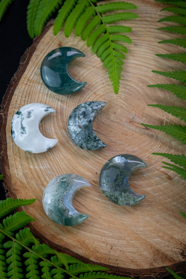 Moss Agate crystal Moons, Crystal for grounding and calm, Gaia Energy.