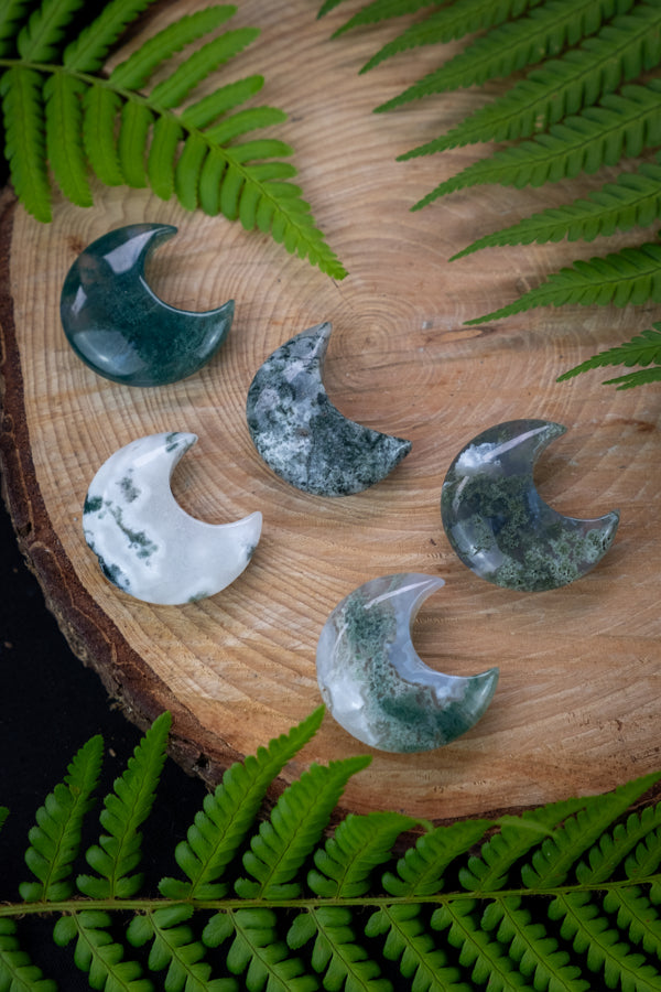 Moss Agate crystal Moons, Crystal for grounding and calm, Gaia Energy.