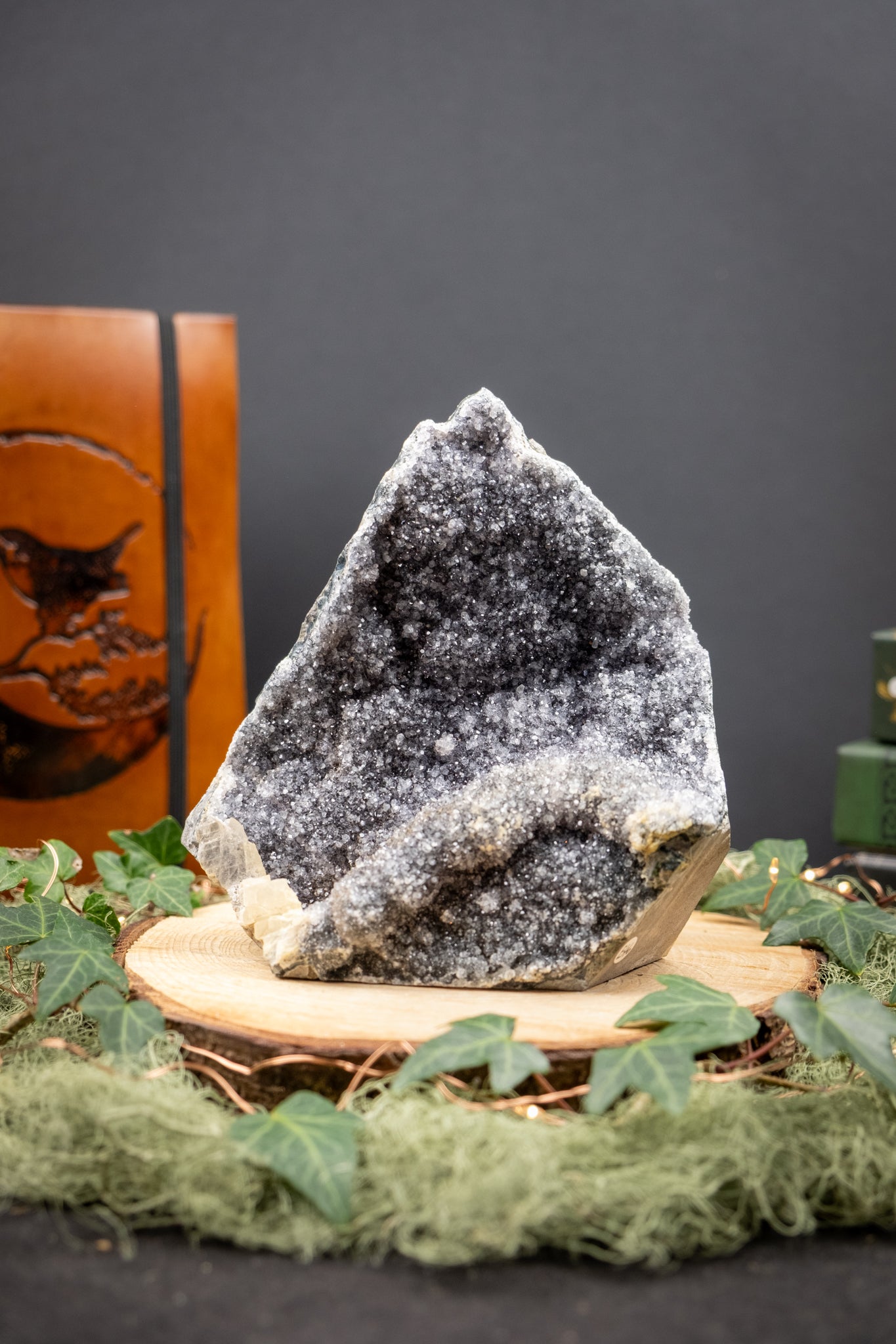 Black and Silver Drusy Amethyst from Uruguay, Natural Crystal Cluster with Cut Base for Protection Calm and Deep Healing