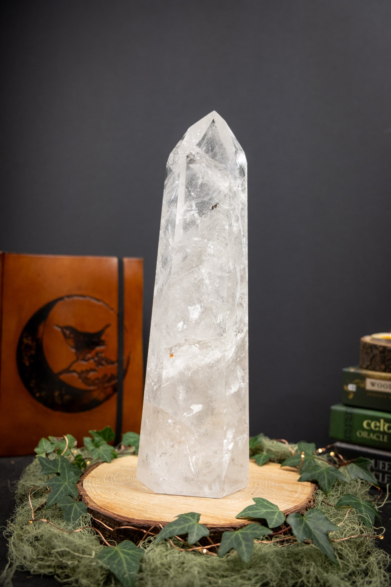 Large Polished Lemurian Quartz Generator Crystal, Statement Lemurian Point, Rainbow Veils Phantom Inclusions Sacred Geometry Stone