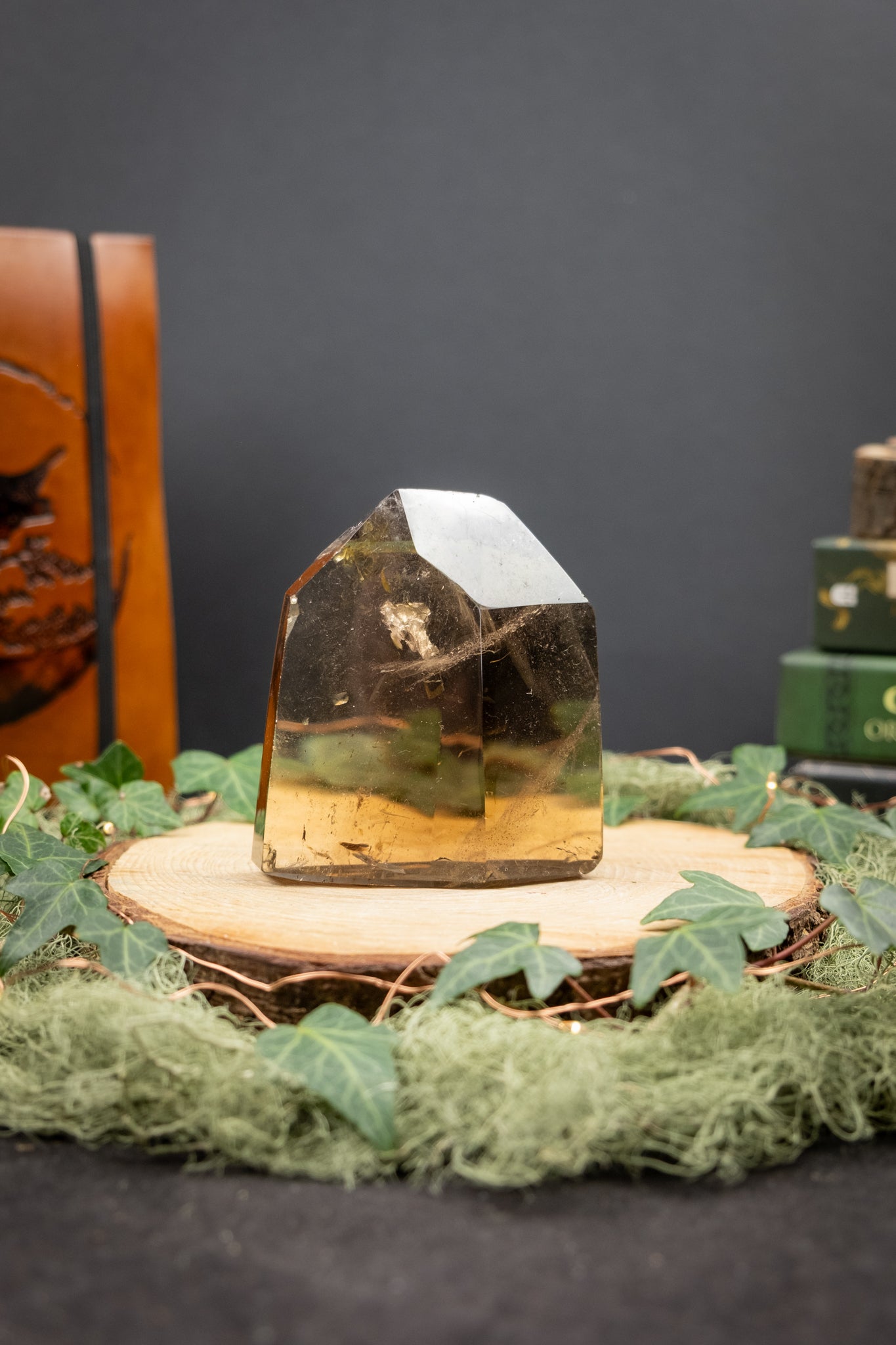 Polished Smoky Quartz Crystal with Golden Healer Inclusions, Rainbows and Veils, Grounding Light Activation Stone