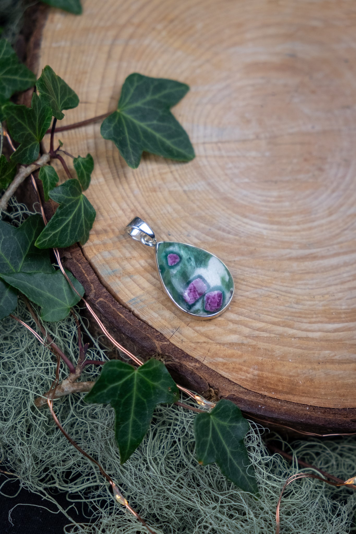 Ruby Fuchsite Pendant, Natural Healing Crystal Gemstone, Heart Chakra Stone, Sterling Silver Pendant for Emotional Healing