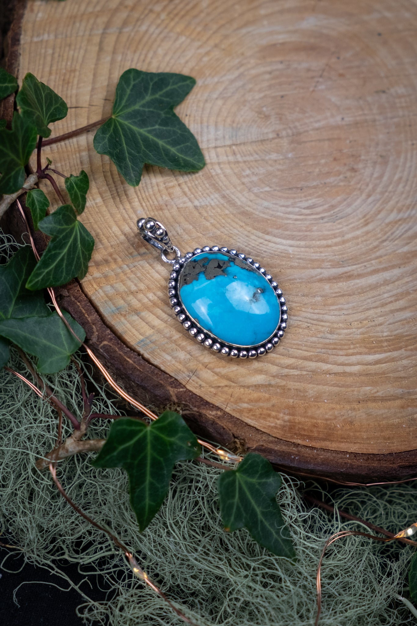 Persian Turquoise Pendant, Natural Turquoise Gemstone, Sterling Silver Crystal Jewellery, Heart and Throat Chakra Stone