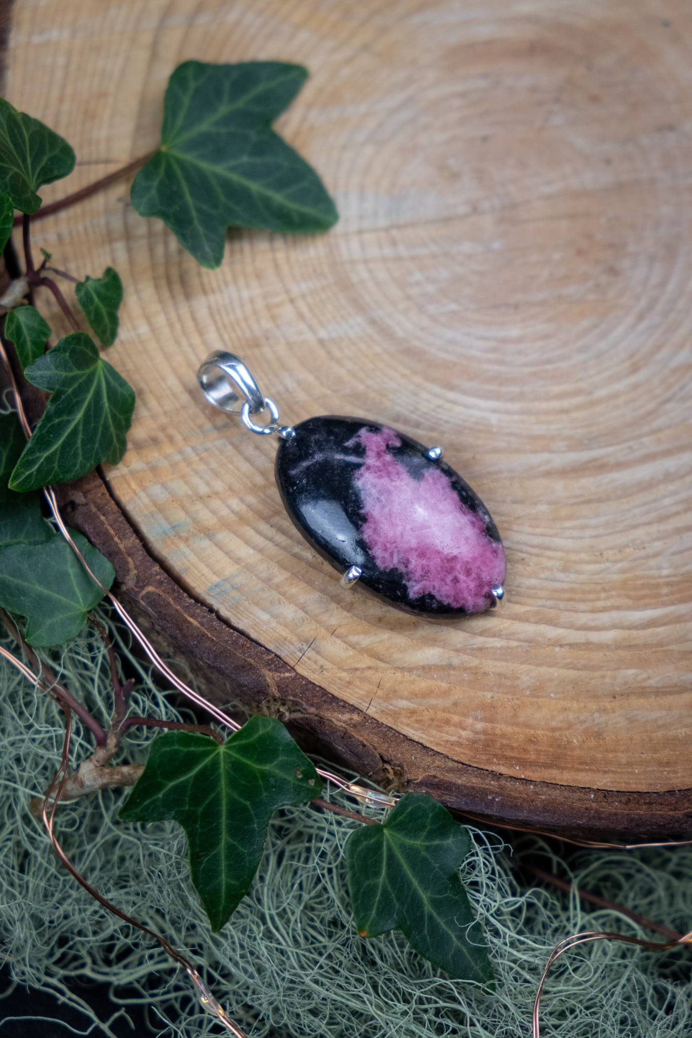 High Grade Rhodonite Pendant, Oval Crystal Gemstone, Sterling Silver Setting, Heart Healing Stone for Emotional Balance and Self Worth