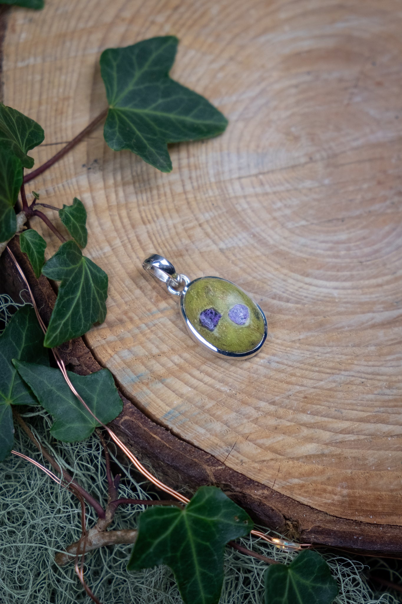 Atlantisite Pendant, Green Serpentine with Purple Stichtite Gem, Sterling Silver Setting, Heart Healing Stone from South Africa